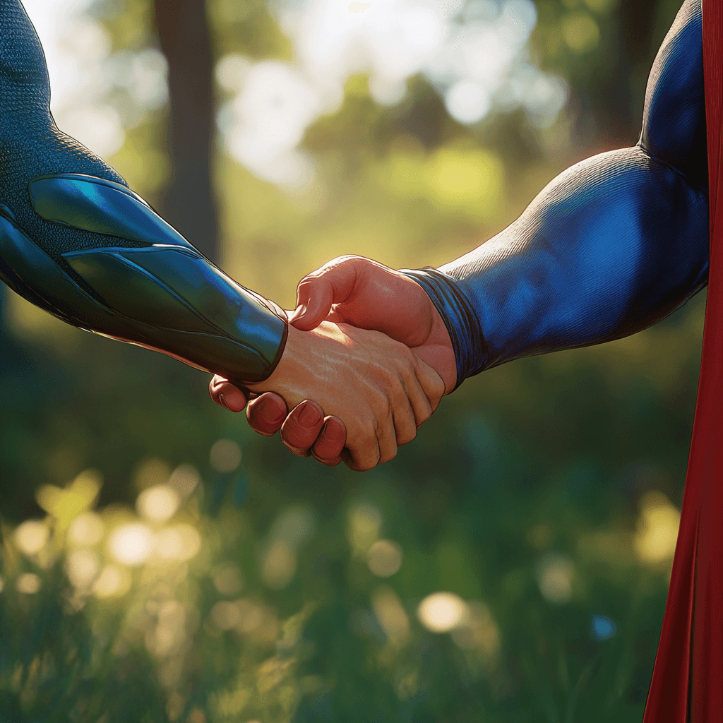 two superheroes shake hands